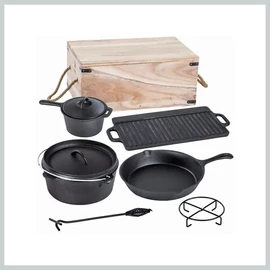 Perfect Home Öntöttvas BBQ Grill szett fa dobozos 6+1 részes / Holland sütő szett 28340