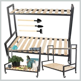 Gurulós virágtartó állvány 2 szintes, fém vázzal és fa polcokkal 27398_CZ