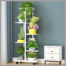 Beltéri/Kültéri fém virágtartó kerekekkel, 6 emeletes, fehér AF122560-d