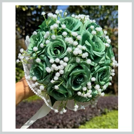 Esküvői menyasszonyi csokor –  zöld művirágból, szatén szalaggal 39965718g