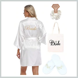 Bride ajándékszett menyasszonyoknak – köntös, papucs, vászontáska és hajgumi 40901407