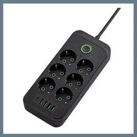 6 aljzatos hosszabbító, 3 USB + 1 Type-C porttal, 1.2m kábel, fekete F018U-BLACK