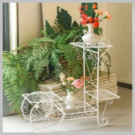 Vintage kocsi formájú fém virágcserép állvány fehér– 68 x 68 cm EQ124420-2