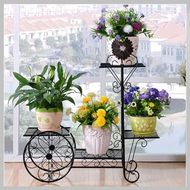 Vintage kocsi formájú fém virágcserép állvány fekete– 68 x 68 cm EQ124420