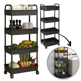 Mozgatható kerekes könyvespolc, 4 szint, fekete, 36x24x84 cm, SZ41