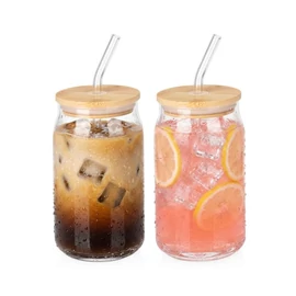 2 részes üvegpohár szett bambusz fedővel és üveg szívószállal 460ml 139852