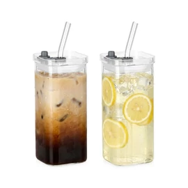 2 részes szögletes üvegpohár szett fedővel és üveg szívószállal 340ml 139853
