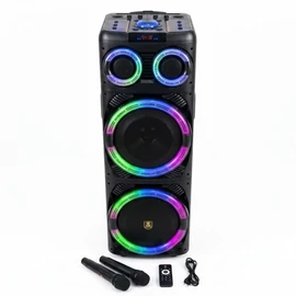 AVCROWNS hordozható party hangfal 2 × 12" hangszóróval, LED-világítással és 2 mikrofonnal CH-2205