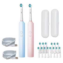 2 db elektromos fogkefe 16 kefefejjel, USB-töltéssel és utazótokkal, kék és rózsaszín TD4461037-6