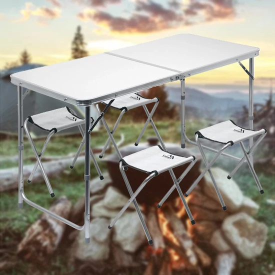 Kempingasztal DOUBLE összecsukható, teleszkópos szürke + 4x szék 13488