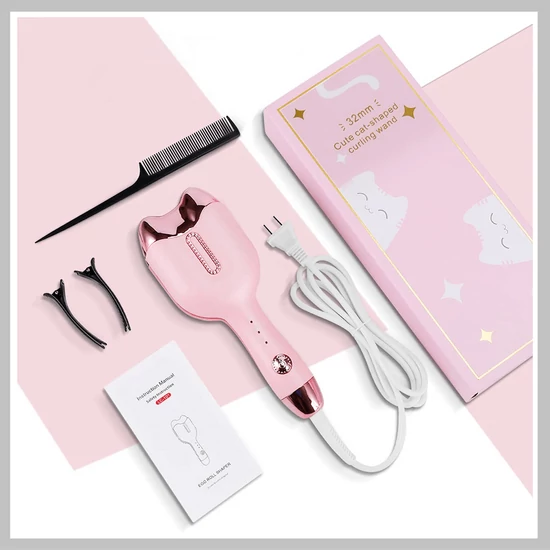 32mm aranyos macska alakú hajgöndörítő eszköz, rózsaszín