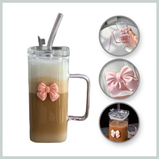 BOW PINK pohár fedéllel és szívószállal, 400 ml  SZK87