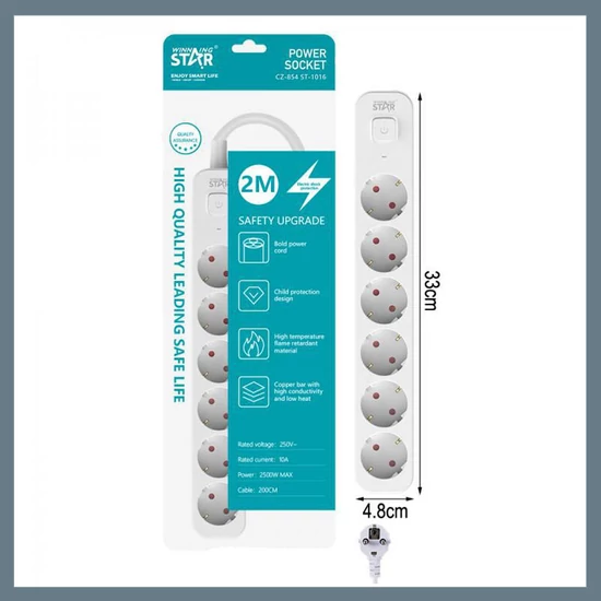 Winning Star hálózati elosztó 6 aljzat, 1 kapcsoló ST-1016