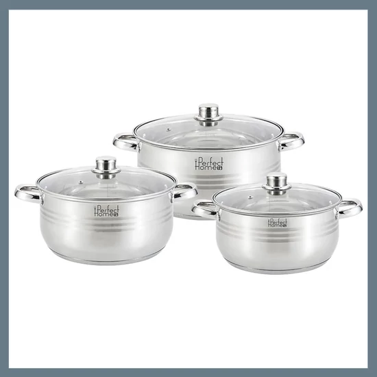 Perfect Home Rozsdamentes edénykészlet / lábas szett üvegfedővel ~5,5/7/8,5 liter 28301