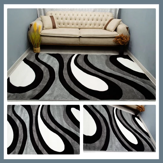 Eylül Szürke-Fekete Hullámos Mintázatú 160x220 Szőnyeg 01202D-SIYAH-GRI-160220