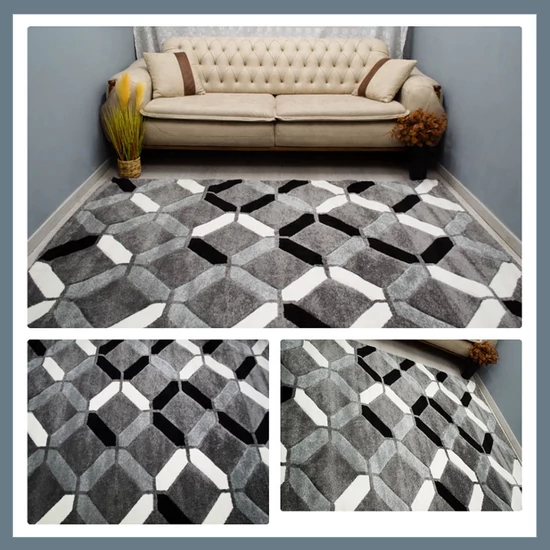 Eylül Szürke-Fekete Kocka Mintás 160x220 Szőnyeg 01206D-SIYAH-GRI-160220