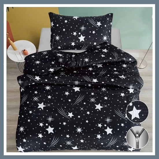 7 részes PLÜSS ágyneműgarnitúra, hullócsillag mintás, fekete HCS-F