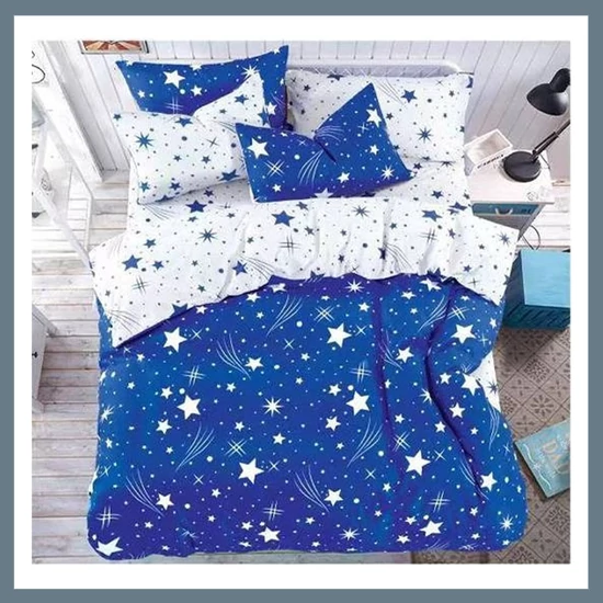 7 részes PLÜSS ágyneműgarnitúra, hullócsillag mintás, sötétkék HCS-S