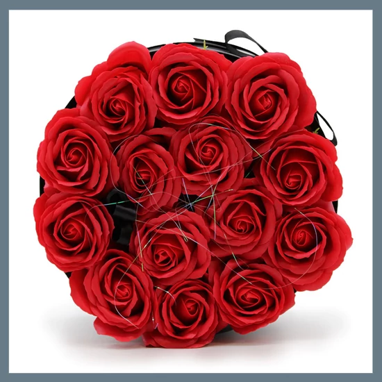 Szappanvirág ajándékcsokor - 14 piros rózsa - kerek dobozban GSFB-03