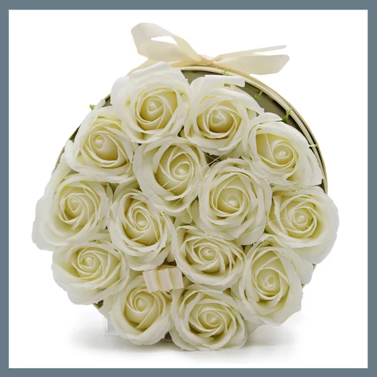 Szappanvirág ajándékcsokor - 14 krém színű rózsa - kerek dobozban GSFB-09