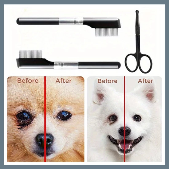 Kisállat ápolási készlet: Könnyfolt eltávolító fésű és szőrvágó olló UJA4192