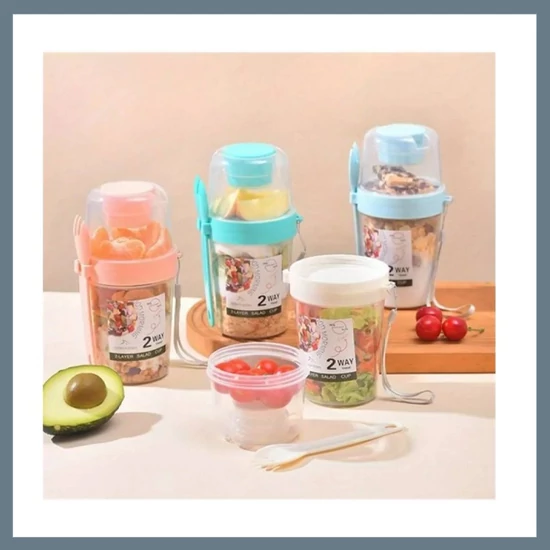 Kétrétegű salátás ételtároló pohár – szósztartóval és evőeszközzel CBXJ5414
