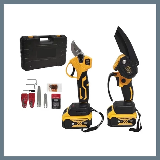 THO M-9034 akkumulátoros mini ágvágó láncfűrész és metszőolló szerszám készlet, 2 db 36V akkumulátor, sárga-fekete M-9034