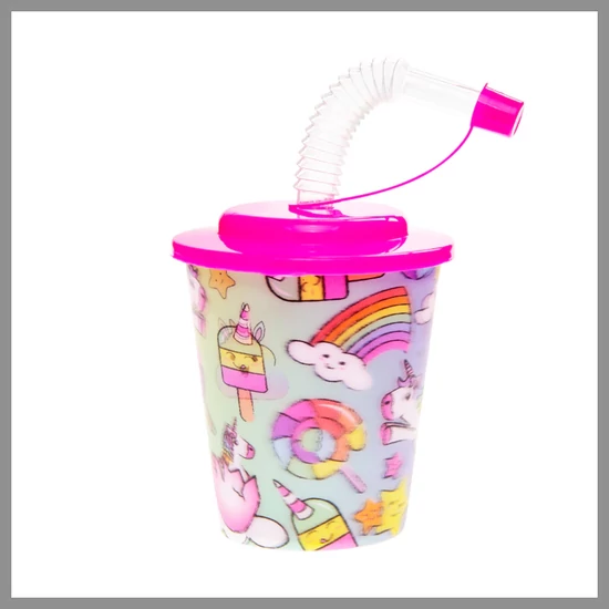 Műanyag pohár, szívószállal és fedéllel, unikornis 8171