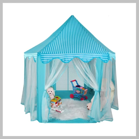 Gyermeksátor, hatszög alakú, összecsukható, 135x140 cm, fehér-kék, DGKT1802BLUE