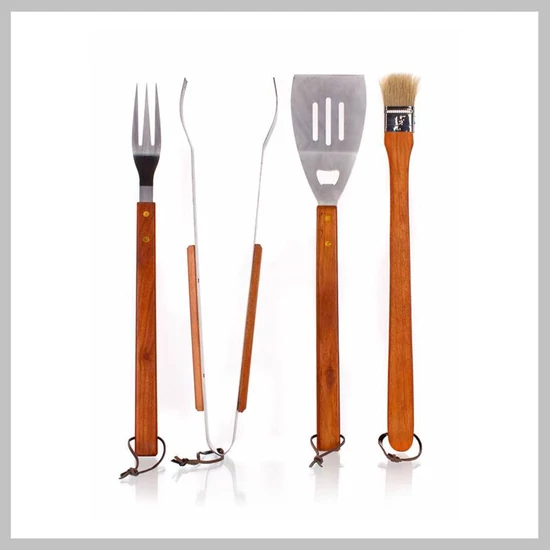 HAPPY GREEN BBQ grillkészlet, 4 db, fa nyéllel, 5012065-A