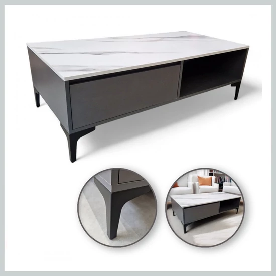 Kétszintes dohányzóasztal – 120x60x40 cm, fehér-márvány és grafit színben – STL17