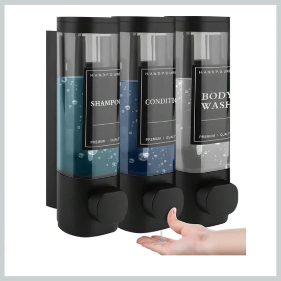 Fali folyékony sampon- és tusfürdő adagoló – 3 rekeszes, fekete dizájn 44266967