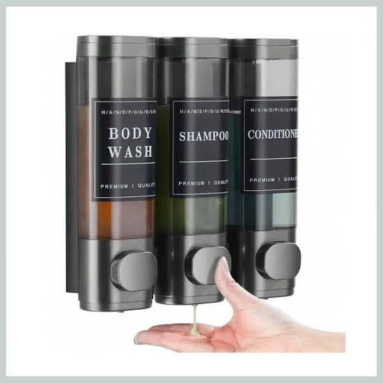 Fali folyékony sampon- és tusfürdő adagoló – 3 rekeszes, szürke dizájn 44266967g