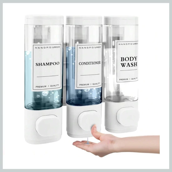 Fali folyékony sampon- és tusfürdő adagoló – 3 rekeszes, fehér dizájn 44266967w