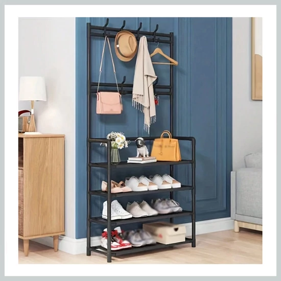 4 szintes cipőtartó állvány akasztókkal fekete 48003502