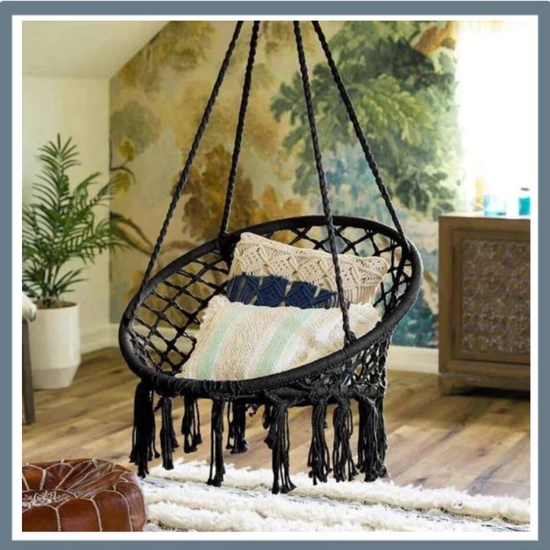 Kézzel szőtt bohém függőszék – fekete, bojtokkal díszített, kültérre és beltérre 58031171