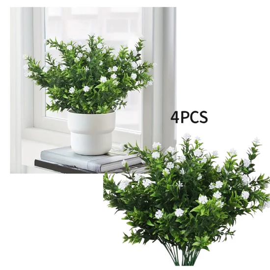 Művirág szett – 4 darab fehér virágos zöld növény csokor  FF85539