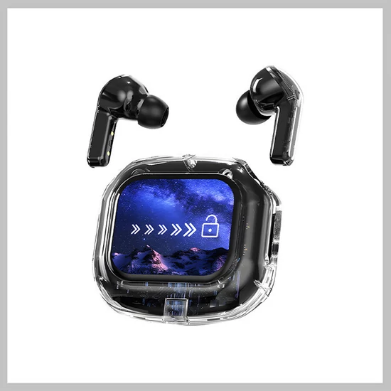 AirMaximo – Fekete vezeték nélküli fülhallgató, LCD kijelzős töltőtokkal holm0668