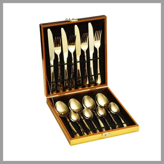 16 darabos rozsdamentes acél evőeszköz készlet, fa dobozzal 601099600756867