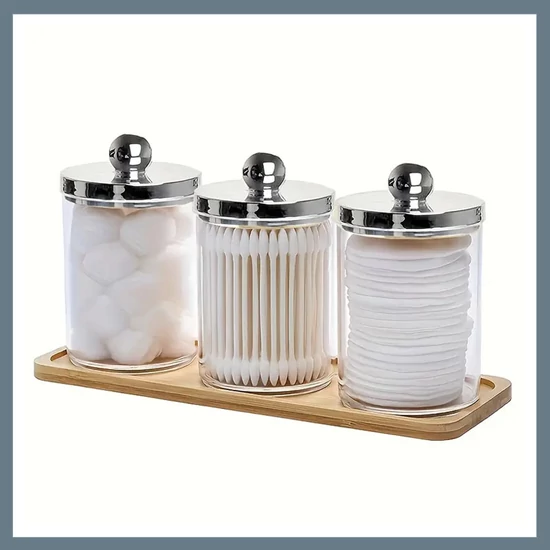 3db fürdőszobai tároló, ezüst színű fedővel, tálcával 601099749731811-E