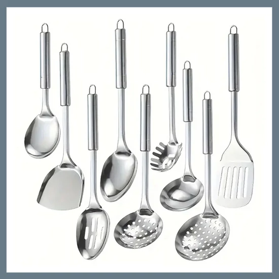 9 darabos Rozsdamentes acél konyhai főzőeszköz készlet spatulával, szűrővel és merőkanállal 601099698672411