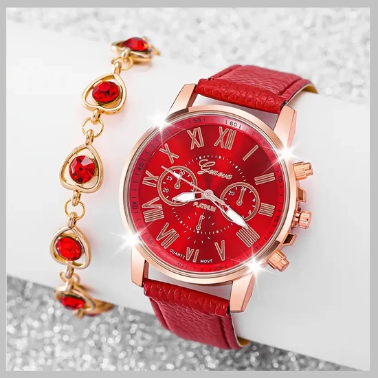 2 részes női ajándékszett karóra+karlánc piros-rose DQ734940-2