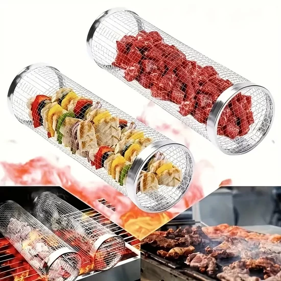 3 részes grill forgó henger rozsdamentes acél rács grillkosár FY523345