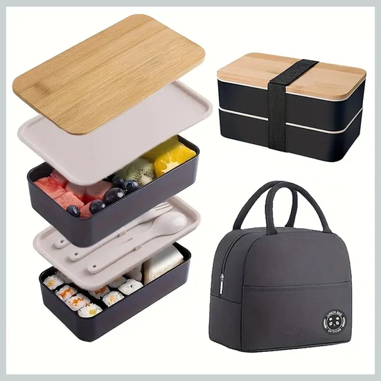 Többrétegű ételhordó doboz bambusz fedéllel és táskával fehér/fekete ND1306058ff