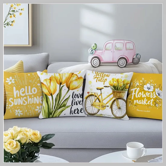 4 darabos sárga tulipános díszpárnahuzat szett cipzáras RX1138557