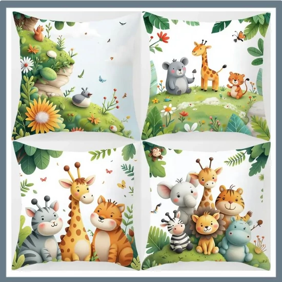 4 darab Aranyos Dzsungel Állat Mintás Díszpárnahuzat JN787245