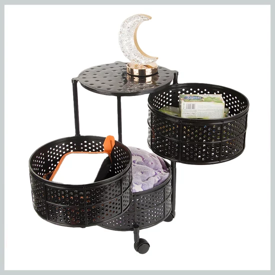 Fém tárolókocsi 3 szintes, kör alakú kosarakkal, fekete 27355