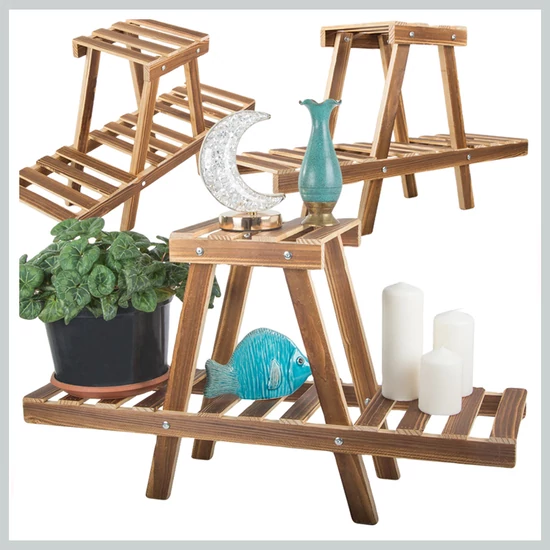 Többszintes fa virágtartó állvány, létra formájú, barna  27395