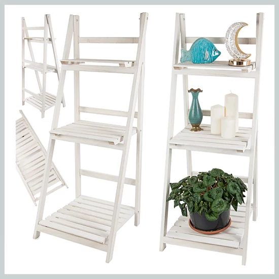 Fehér fa virágtartó állvány, 3 polcos, összecsukható 27396_B