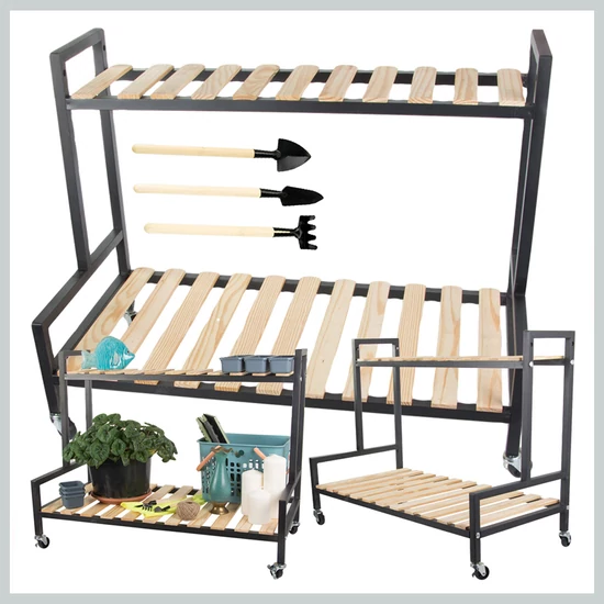 Gurulós virágtartó állvány 2 szintes, fém vázzal és fa polcokkal 27398_CZ